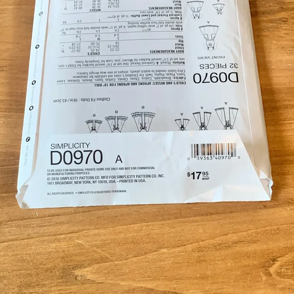 Simplicity Pattern D0970 Sizes S-L Childs & Misses Aprons & 18